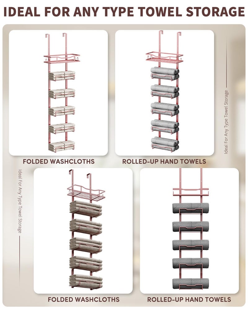 Aetyord Hanging Towel Racks for Bathroom No Drill - 6-Tier Over The Door Bath Towel Storage Organizer for Small Bathrooms - Tiered Back of Door Towel Holder Hanger for Rolled Towels RV Camper Rose Gold - Image 5