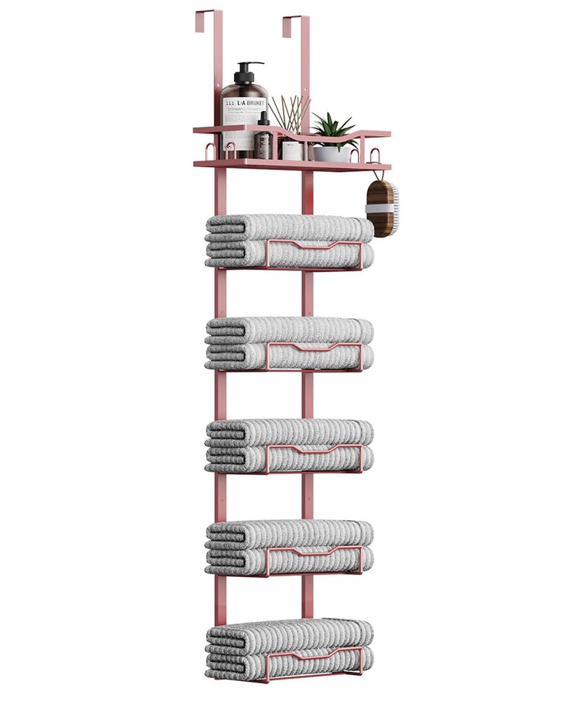 Aetyord Hanging Towel Racks for Bathroom No Drill - 6-Tier Over The Door Bath Towel Storage Organizer for Small Bathrooms - Tiered Back of Door Towel Holder Hanger for Rolled Towels RV Camper Rose Gold - Image 1