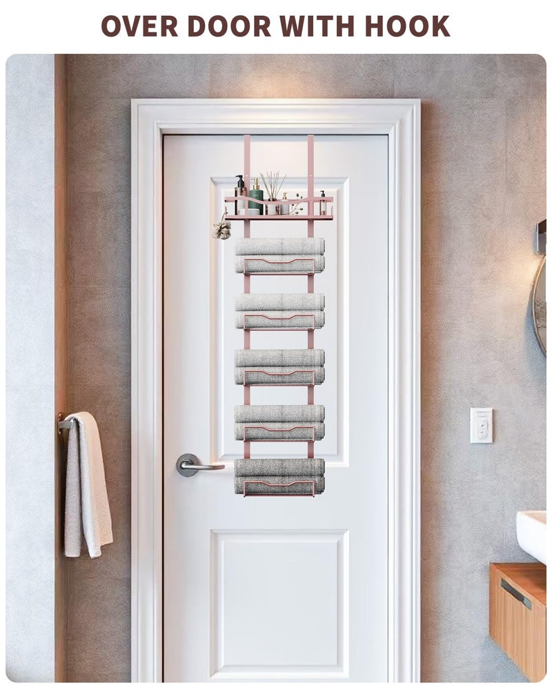 Aetyord Hanging Towel Racks for Bathroom No Drill - 6-Tier Over The Door Bath Towel Storage Organizer for Small Bathrooms - Tiered Back of Door Towel Holder Hanger for Rolled Towels RV Camper Rose Gold - Image 2