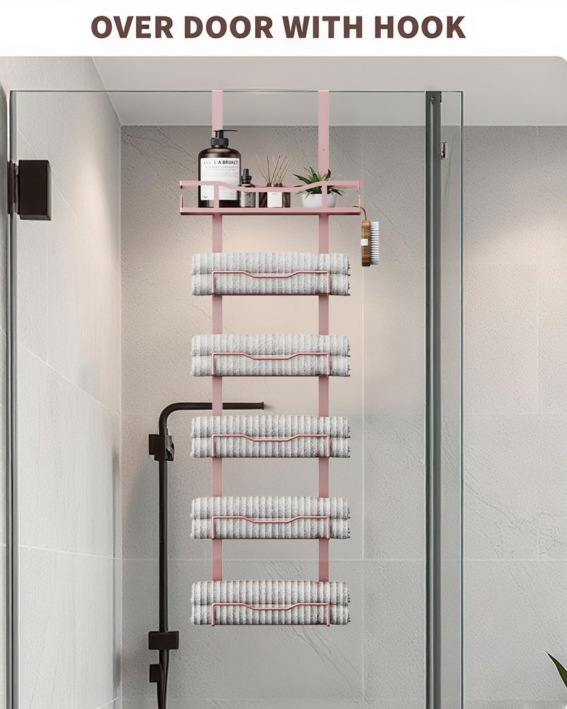 Aetyord Hanging Towel Racks for Bathroom No Drill - 6-Tier Over The Door Bath Towel Storage Organizer for Small Bathrooms - Tiered Back of Door Towel Holder Hanger for Rolled Towels RV Camper Rose Gold - Image 3
