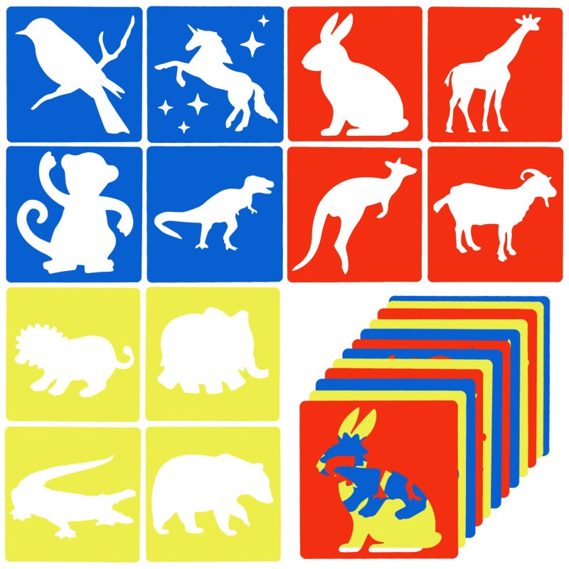 Prasacco 12 Pcs Kids Animal Stencils Set  8 x 8 Inches Ages 48 Dinosaur Giraffe Kangaroo Monkey Shape Stencils Kit for Painting  Drawing