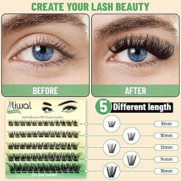 Liwal Self Adhesive EyelashesNo Glue No Remover Needed 60 Pcs C Curl 816mm PreGlued Cluster Lashes No Glue Needed Reusable PressOn Eyelashes with Tweezer LWVolume 816 Mix - Image 3