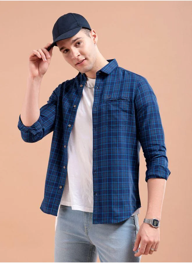 The Indian Garage Co Men Slim Fit Checkered Full Sleeves Cutaway Collar Casual Shirt