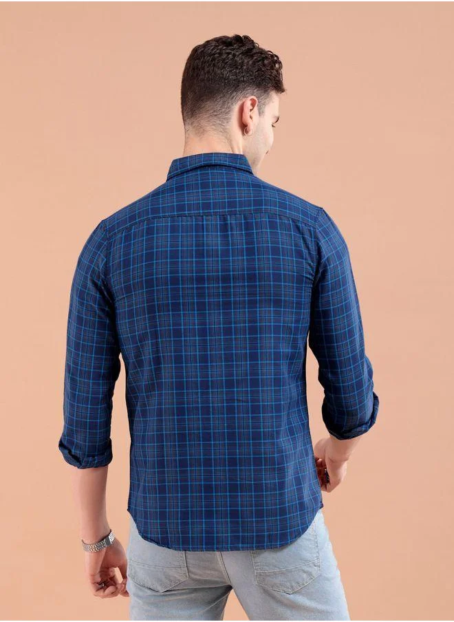 The Indian Garage Co Men Slim Fit Checkered Full Sleeves Cutaway Collar Casual Shirt
