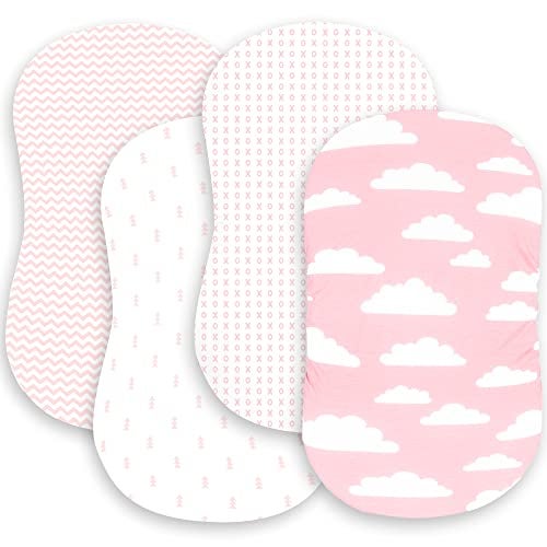 BaeBae Goods Premium Bassinet Fitted Sheet Set - 4 Pack 100% Jersey Knit - Standard Size Oval or Halo Bassinet Pads - Pink Floral - Image 1