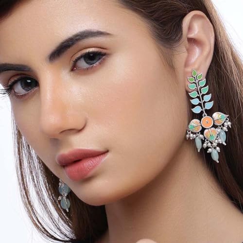 Voylla Bagh E Fiza Colourful Enamel Embellished Earrings For Women|Oxidized Women Danglers Earrings|Gift For Women |Women's Gift|Valentine Gift| - Image 5