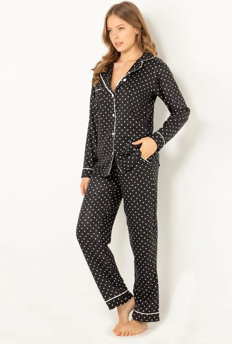 دو رى مى Polka Dot Natural Viscose Soft Soft Button Pajamas Set