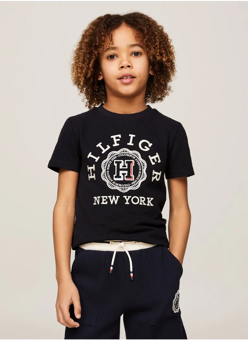 TOMMY HILFIGER Boys' Hilfiger Monotype Archive Crest Logo Embroidery T-Shirt -  Pure cotton, Blue