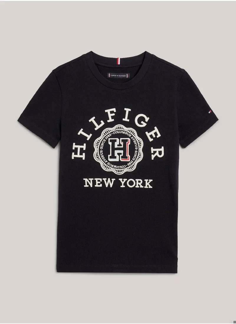 TOMMY HILFIGER Boys' Hilfiger Monotype Archive Crest Logo Embroidery T-Shirt -  Pure cotton, Blue