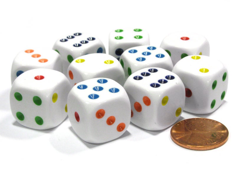 Koplow Games Set of 10 Six Sided Round Edge Opaque 16mm D6 Dice - White with Multicolor Pip by Koplow Games - Image 1