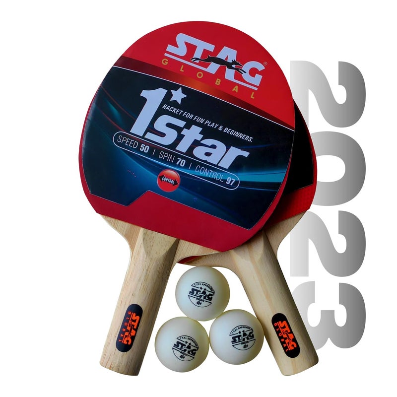 STAG (2023 نموذج) مجموعة تنس الطاولة العالمية 1 نجمة (2 مضارب و 3 كرات) (كرة بيضاء) - Image 1