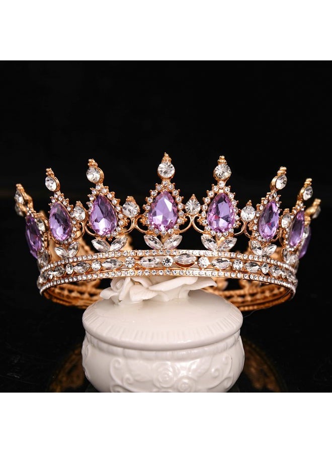 FORSEVEN Queen Crown Rhinestone Wedding Crowns and Tiaras for Women Costume Party Hair Accessories Princess Birthday Crown Crystal Bridal Crown (Gold+Light Purple) - Image 2