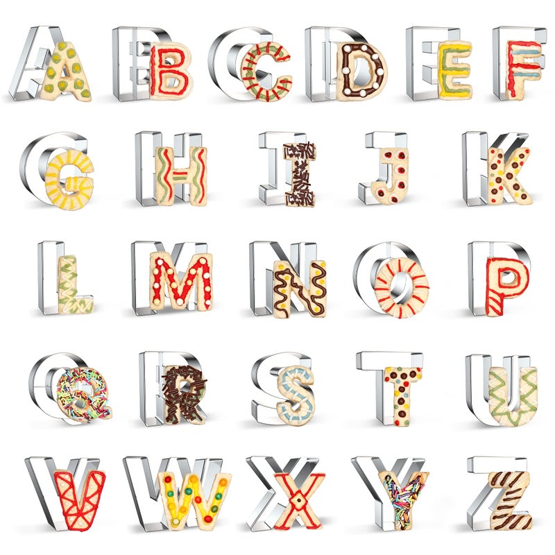 FUSOTO 26PCS Alphabet Letters Cookie Cutters Set DIY Letters CakeCookie Stainless Steel Cookie Cutters for Baking Letters Shaped Baking Tool for Homemaking Biscuits Cookie Dough