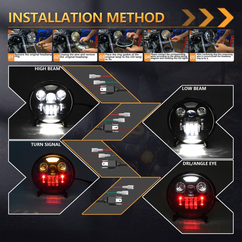Aumotop 1Pcs 7 inch Car Motorcycle LED Headlight with DRL/Turn Signal/Low Beam/High Beam 7'' Round LED Headlight IP67 Waterproof - Image 2