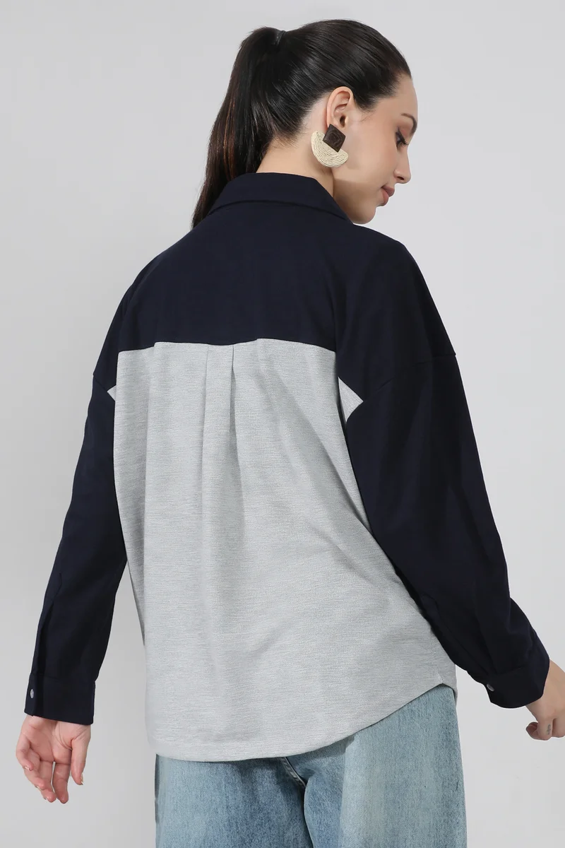 Campus Sutra Women's Midnight Black & Moon Grey Boxy Contrast Panel Shirt