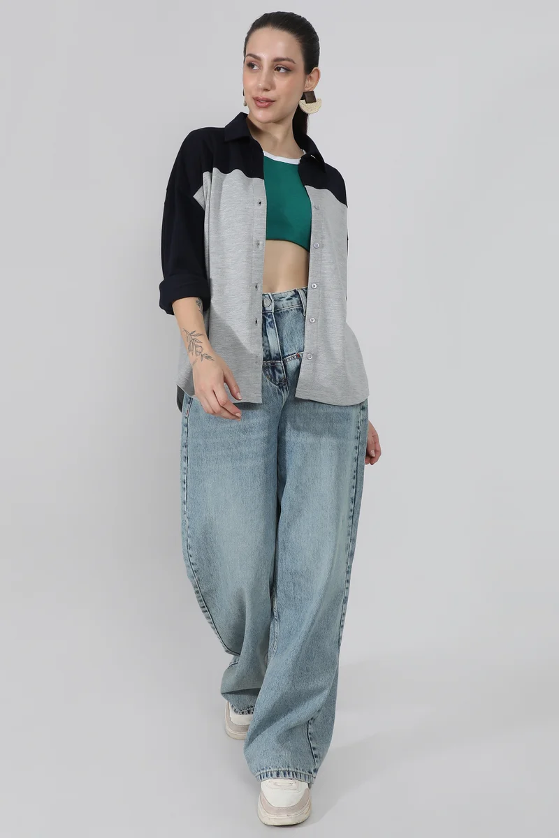Campus Sutra Women's Midnight Black & Moon Grey Boxy Contrast Panel Shirt
