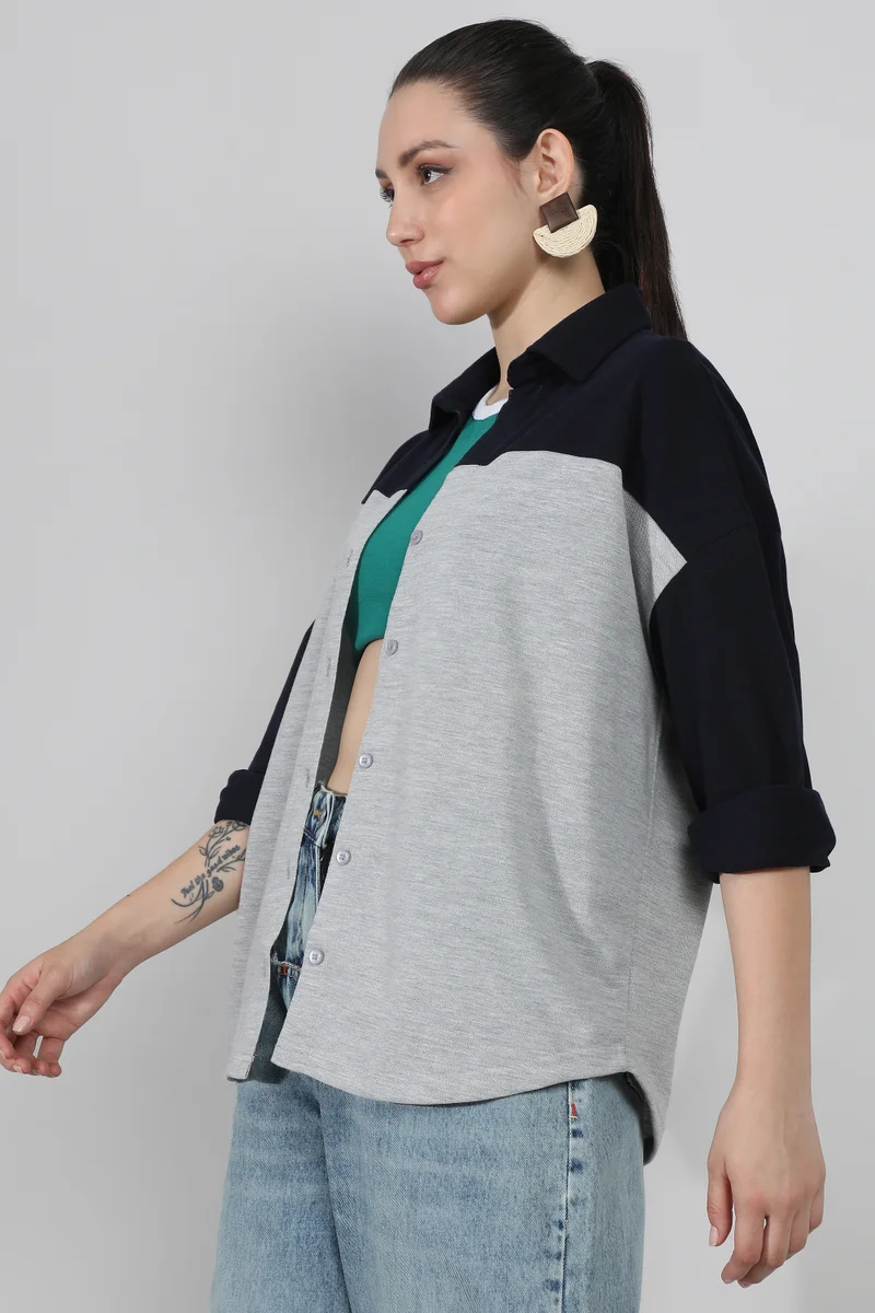 Campus Sutra Women's Midnight Black & Moon Grey Boxy Contrast Panel Shirt