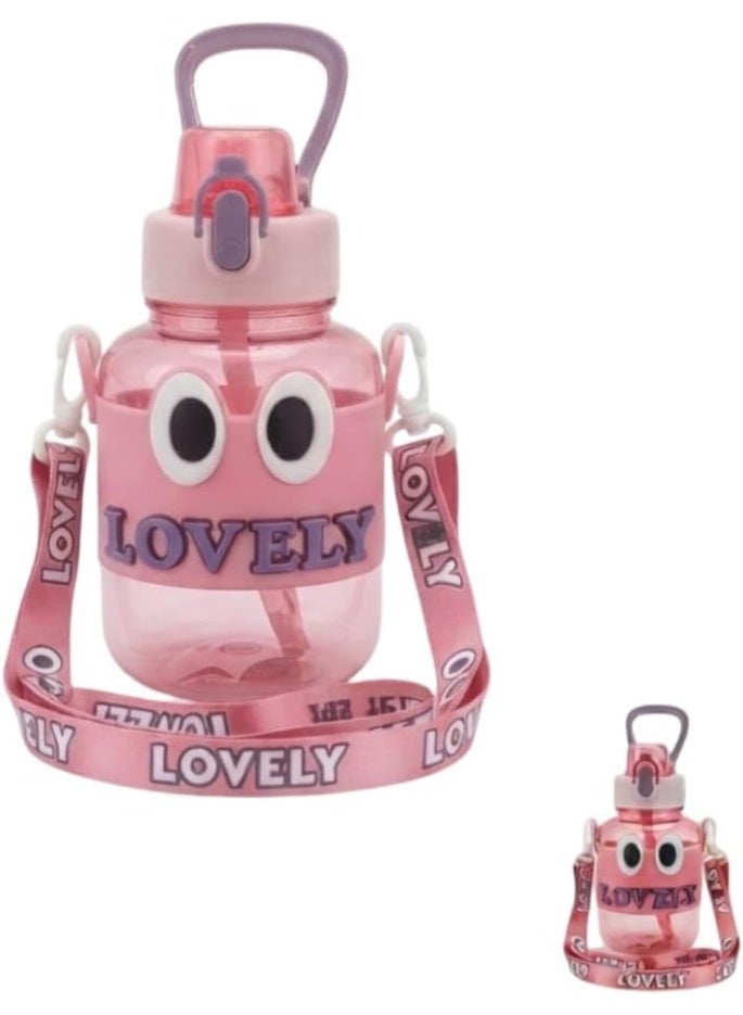 Kids' water bottle with a Lovely design and strap, multiple colors, 650 ml | lid with drinking straw, detachable shoulder strap, top handle for carrying, funny eyes design, suitable for school - Image 1