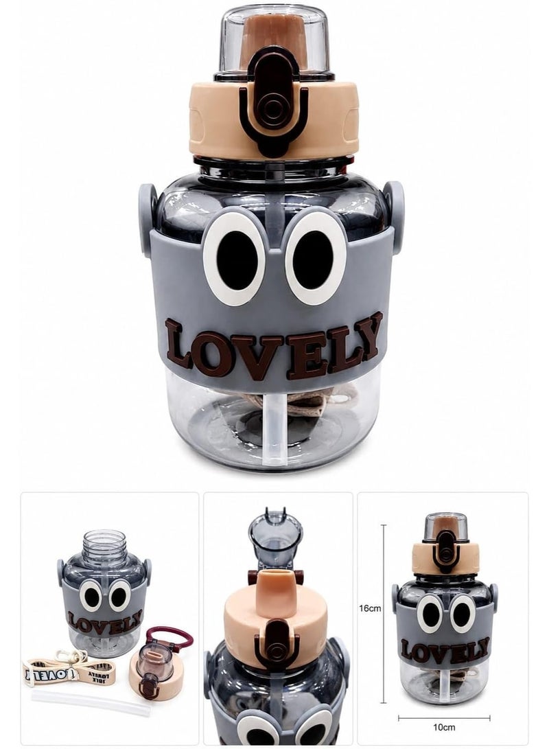 Kids' water bottle with a Lovely design and strap, multiple colors, 650 ml | lid with drinking straw, detachable shoulder strap, top handle for carrying, funny eyes design, suitable for school - Image 4