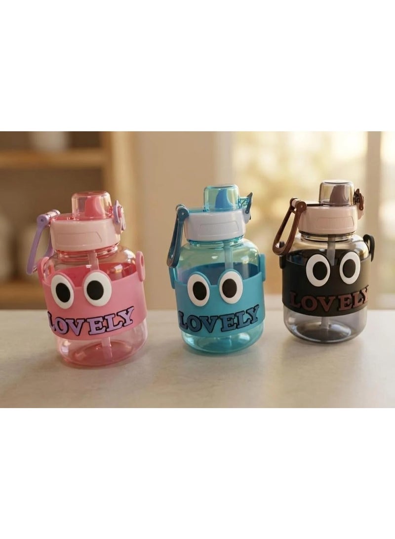 Kids' water bottle with a Lovely design and strap, multiple colors, 650 ml | lid with drinking straw, detachable shoulder strap, top handle for carrying, funny eyes design, suitable for school - Image 3