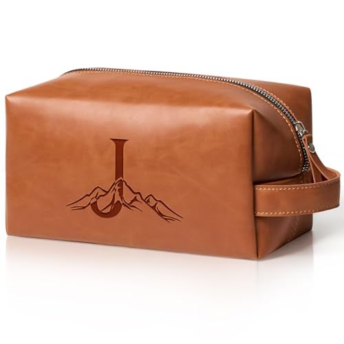 Aganmi Personalized Gifts Travel Toiletry Bag for Men Engraved Initial PU Leather Waterproof Shaving Bag for Toiletries Accessories Fathers Day Birthday Gift for Men Dad Husband Son Light Brown J - Image 1