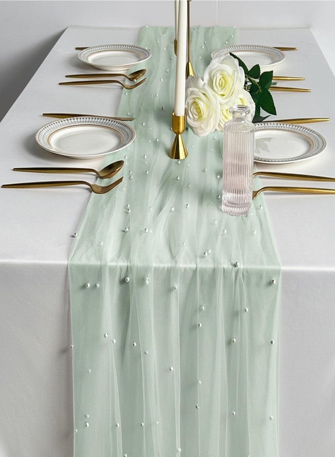 Hibate 10FT Sage Green Pearl Table Runner Tulle for Wedding Bridal Shower Decor Birthday Party Dessert Table Decorations 29" W x 120" L - Image 1