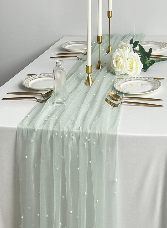 Hibate 10FT Sage Green Pearl Table Runner Tulle for Wedding Bridal Shower Decor Birthday Party Dessert Table Decorations 29" W x 120" L - Image 2