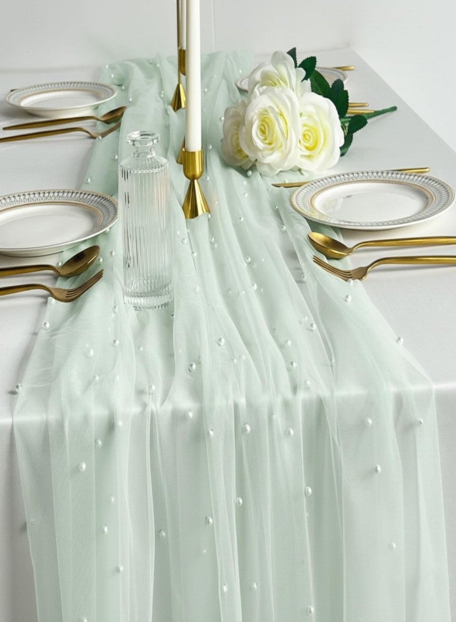 Hibate 10FT Sage Green Pearl Table Runner Tulle for Wedding Bridal Shower Decor Birthday Party Dessert Table Decorations 29" W x 120" L - Image 4