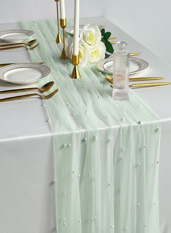 Hibate 10FT Sage Green Pearl Table Runner Tulle for Wedding Bridal Shower Decor Birthday Party Dessert Table Decorations 29" W x 120" L - Image 3