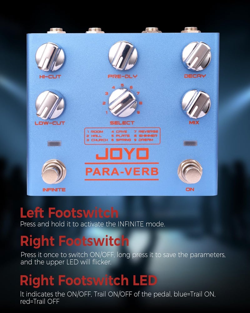JOYO Reverb Pedal Digital Stereo Guitar Pedal with 9 Reverb Effects Infinite & Trail Functions for Electric Guitar - True Bypass (PARA-VERB R-31) - Image 4