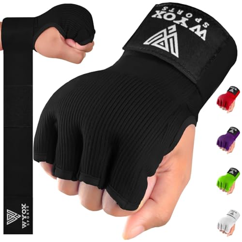 WYOX Gel Boxing Hand Wraps Inner Gloves for Men and Women, Quick 80cm Long Wrist Straps, Elasticated Padded Boxing Wraps for Muay Thai, MMA, Kickboxing, Martial Arts Training Bandages (Black, L/XL) - Image 1