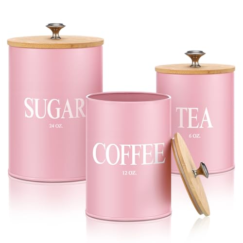 Blushtier 3 Pack Pink Kitchen Canister Set Metal Tea Coffee Sugar Jar Container with Bamboo Airtight Lids Food Storage Containers for Bar Counter Farmhouse Kitchen Decor 6 12 24 oz - Image 1