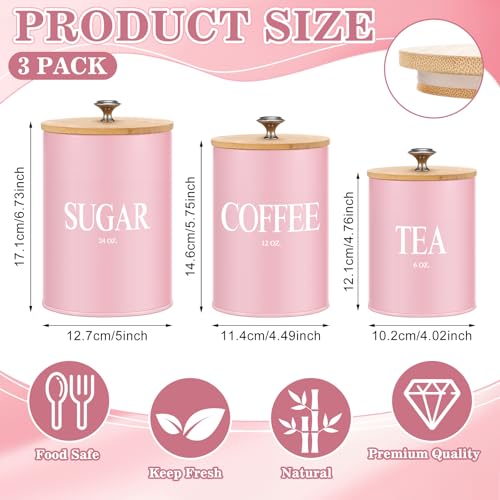Blushtier 3 Pack Pink Kitchen Canister Set Metal Tea Coffee Sugar Jar Container with Bamboo Airtight Lids Food Storage Containers for Bar Counter Farmhouse Kitchen Decor 6 12 24 oz - Image 3