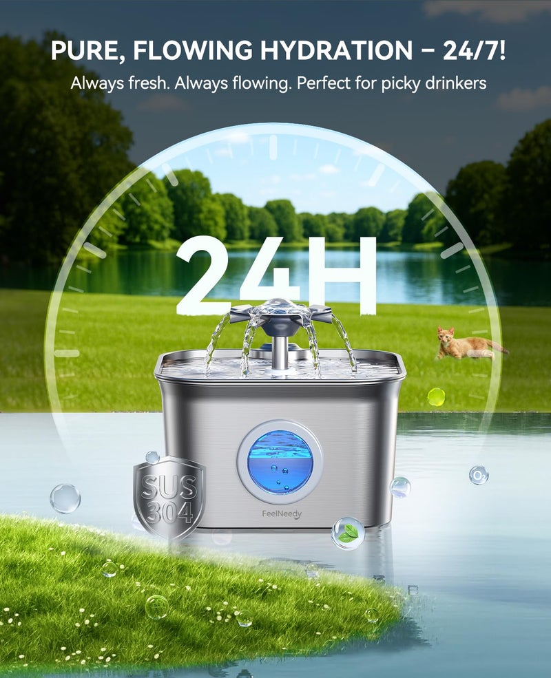 FEELNEEDY Stainless Steel Cat Water Fountain, 99oz/2.8L Auto Pet Drinking Fountain with 20dB Ultra-Quiet Pump- Ideal for Timid Pets, LED Water Level Window, Dishwasher Safe, 24/7 Circulating Flow - FEELNEEDY - Image 2