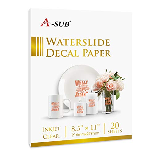 A-SUB Waterslide Decal Paper for Inkjet Printers 20 Sheets Clear Water Slide Transfer Paper 8.5x11 in for DIY Tumbler, Mug, Glass Decals - Image 1
