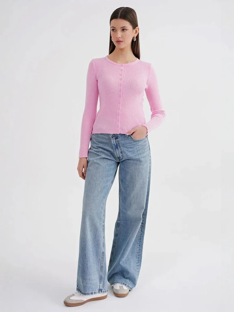 MixRay Powder Pink Mixray Buttoned Slim Fit Ribbed Knit Cardigan for Women | Best Price UAE
