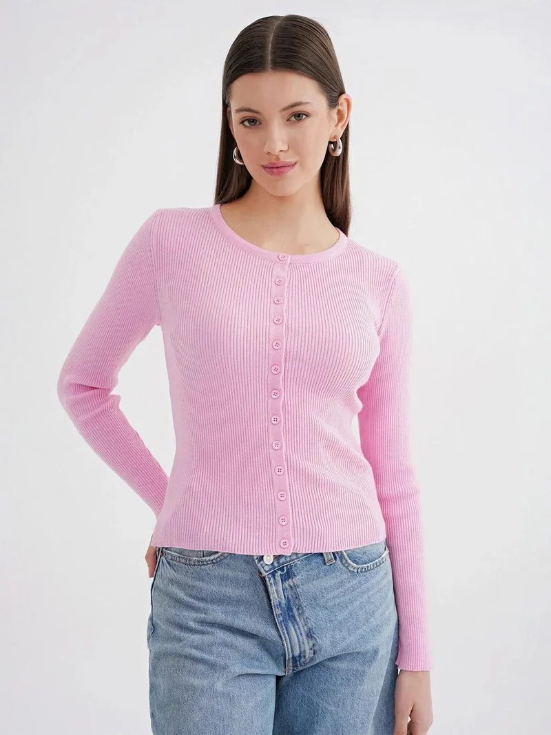 MixRay Powder Pink Mixray Buttoned Slim Fit Ribbed Knit Cardigan for Women | Best Price UAE