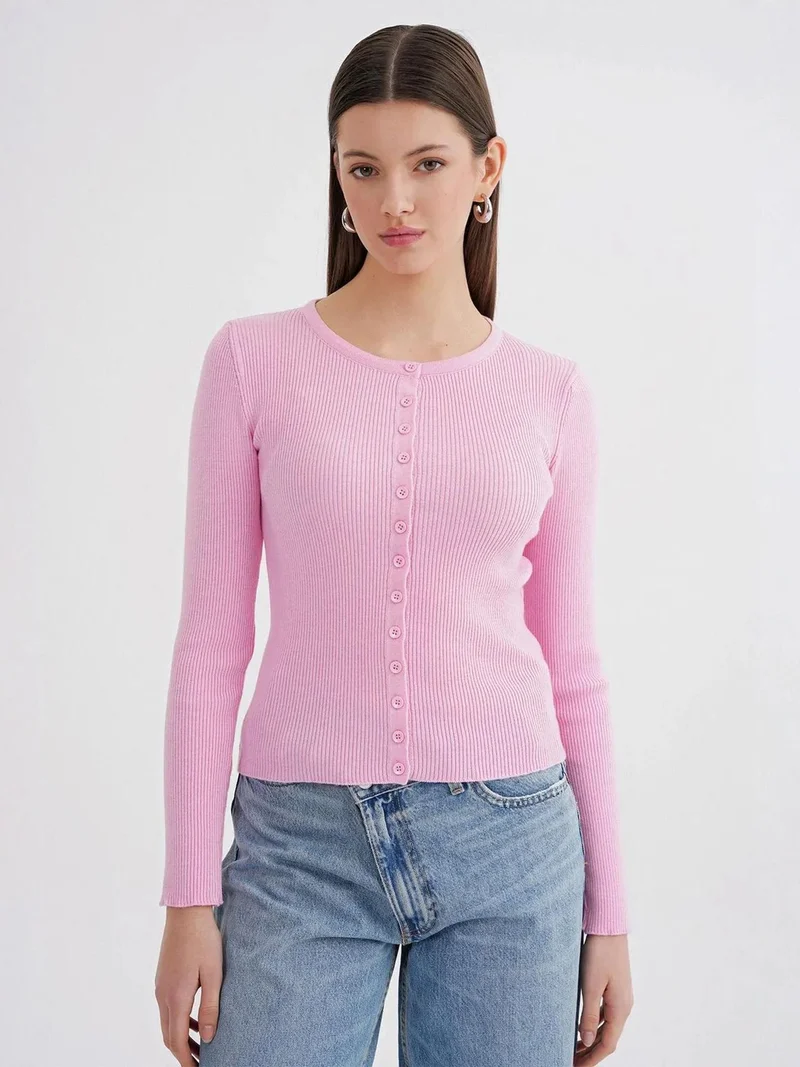MixRay Powder Pink Mixray Buttoned Slim Fit Ribbed Knit Cardigan for Women | Best Price UAE