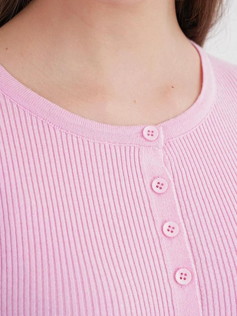MixRay Powder Pink Mixray Buttoned Slim Fit Ribbed Knit Cardigan for Women | Best Price UAE