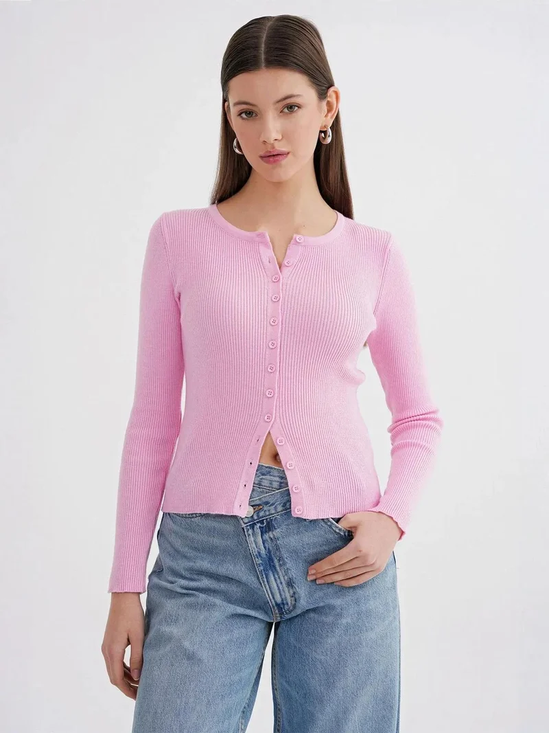 Mixray Buttoned Slim Fit Ribbed Knit Cardigan
