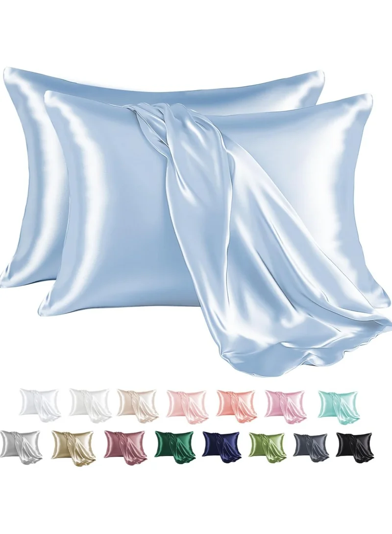 MahMir MahMir® Silk Satin Pillowcase for Hair and Skin Queen - Light Blue Silk Pillowcase 2 Pack 76L x 51W CM (30x20 Inches) - Satin Pillow Cases Set of 2 with Envelope Closure (2pcs Light Blue)