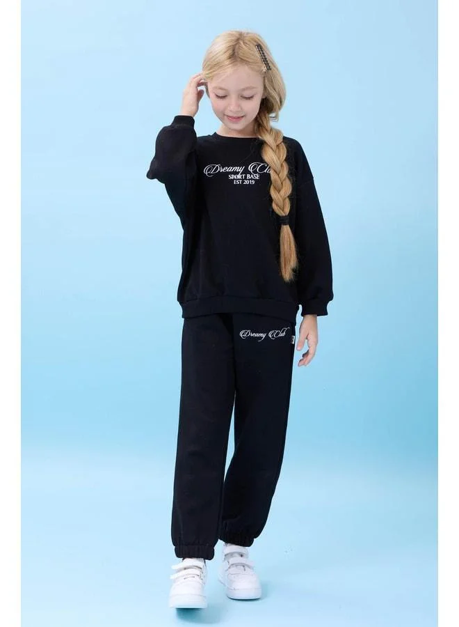Perendi Girl's Dreamy Embroidered Polo Collar Seasonal Top and Bottom Set Black.