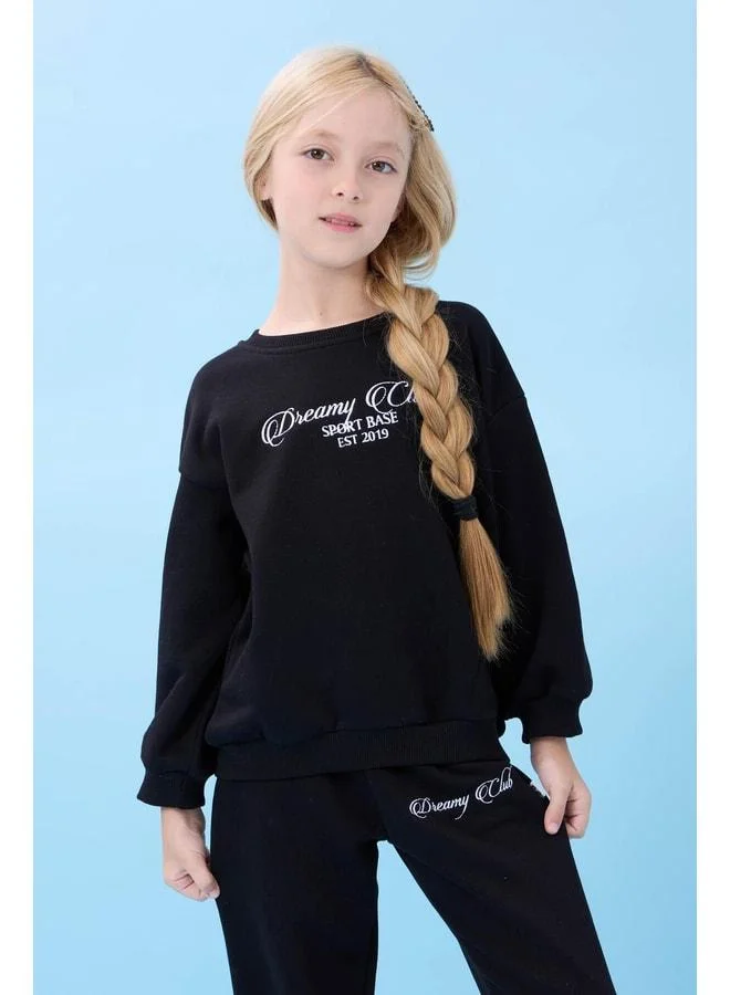 Perendi Girl's Dreamy Embroidered Polo Collar Seasonal Top and Bottom Set Black.