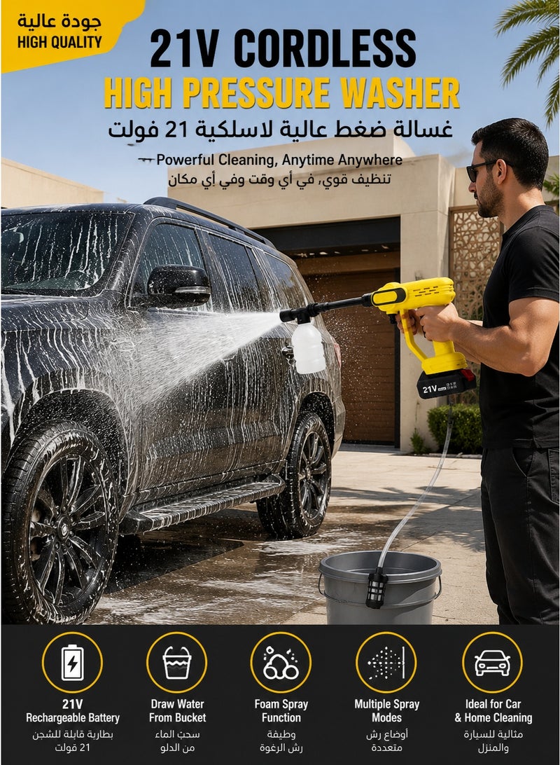 21V Cordless Pressure Washer Gun with Battery, Portable High Pressure Car Washer with Foam Bottle, 5M Water Hose, Spray Nozzle and Storage Case for Car Garden Home Cleaning - Image 2