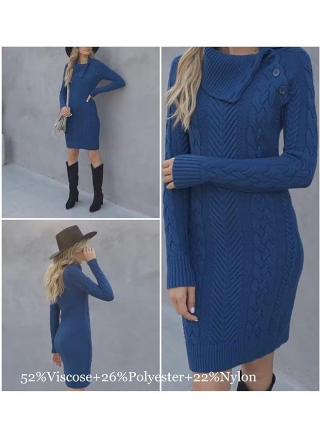 BLENCOT Women Long Pullover Sweater Full Sleeve Asymmetric Collar Slim Mini Sweater Dress Peacock Blue X-Large - Image 3