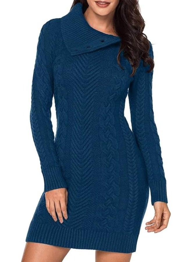 BLENCOT Women Long Pullover Sweater Full Sleeve Asymmetric Collar Slim Mini Sweater Dress Peacock Blue X-Large - Image 1