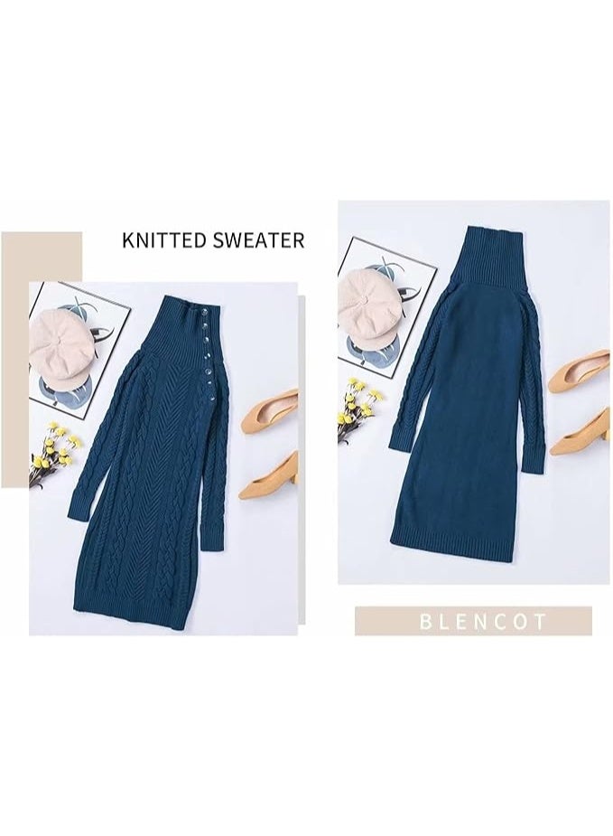 BLENCOT Women Long Pullover Sweater Full Sleeve Asymmetric Collar Slim Mini Sweater Dress Peacock Blue X-Large - Image 2