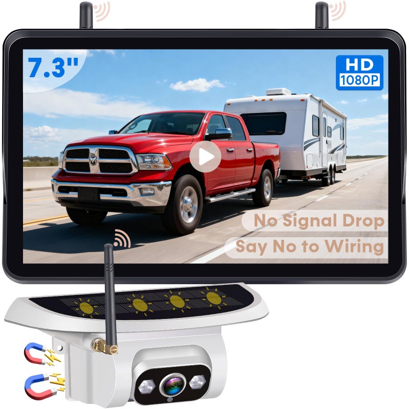 Pemacom Wireless Backup Camera for Towable-RV: Magnetic No Wiring Setup Long Distance Signal for Thor/Forest River Series RVs - 7.3" Recording Monitor HD 1080P Auto Sleep Solar RV Backup Camera - Image 1