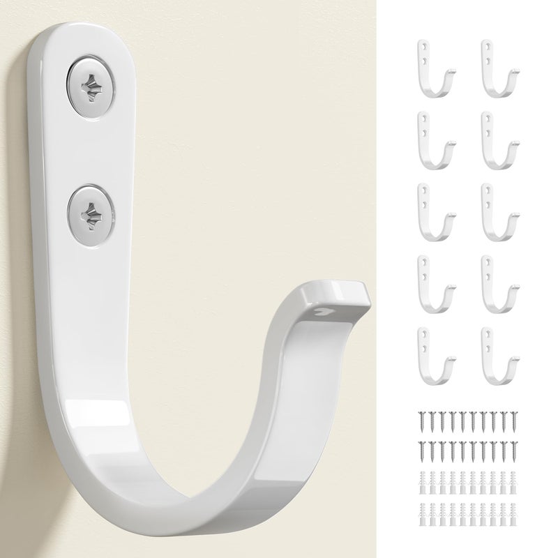 jockcaras 10Pcs Wall Hooks for Bathroom, Kitchen, Closet, and Garage - White Metal Hooks for Hanging Coats, Towels, Hats, Keys, Bags, and Coffee Cups - Holds Up to 40 lbs - Image 1