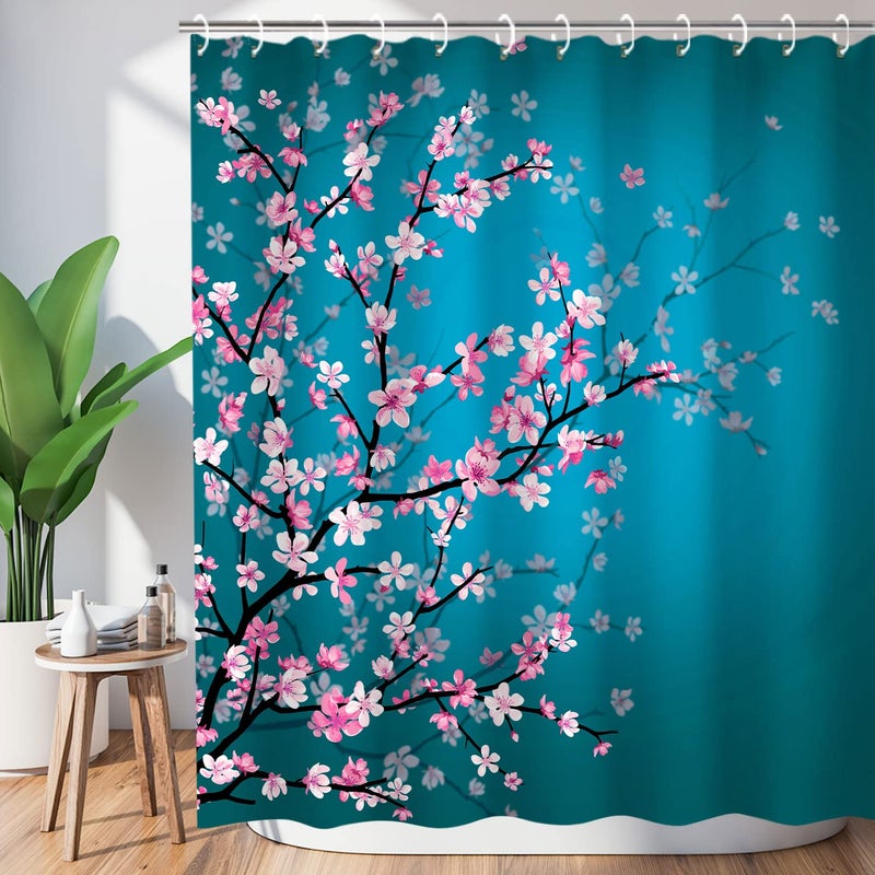 LIVILAN Cherry Blossom Shower Curtain Japanese Shower Curtain Floral Sakura Plum Blossom Flower Shower Curtains with 12 Hooks Teal Blue and Pink Pretty Shower Curtain 72 W x 78 H